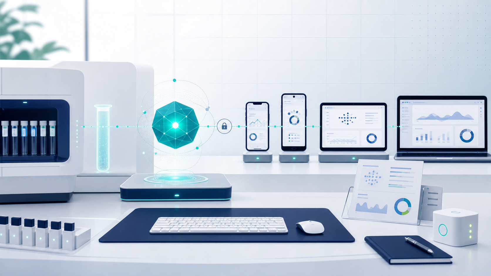 AgentNEO 医疗诊断客户端工作台与多设备报告查看示意